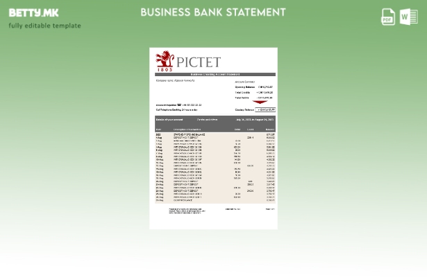 модерен стил Извод на цврста сметка на Pictet Bank Шаблон Word и PDF
